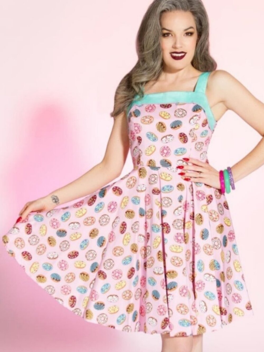Golightly Pinup Couture Netti Dress Donut Print in Pink with Mint Trim XL